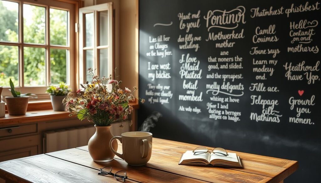 A cozy kitchen scene with a rustic wooden table, an open window overlooking a lush garden, and a chalkboard wall displaying an assortment of heartwarming, hand-lettered motherly affirmations. Soft, natural lighting filters in, creating a warm, inviting atmosphere. A vase of fresh wildflowers, a steaming mug of tea, and a pair of reading glasses suggest a moment of peaceful contemplation. The overall mood is one of everyday comfort and cherished maternal wisdom.