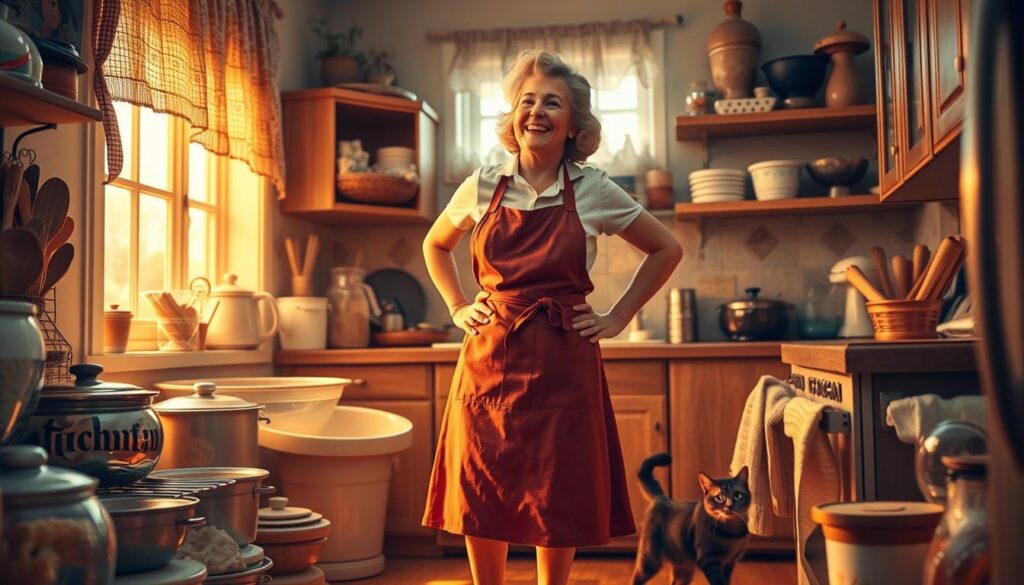 A cozy kitchen scene with a smiling, apron-clad mother figure standing amidst a cluttered but welcoming environment. Warm, golden lighting from a nearby window casts a soft glow on her face as she chuckles, hand on her hip. Surrounding her are various kitchenware, baking ingredients, and a playful cat underfoot. The overall atmosphere is one of lighthearted humor and familial affection, capturing the spirit of classic "mom jokes" shared on Mother's Day.