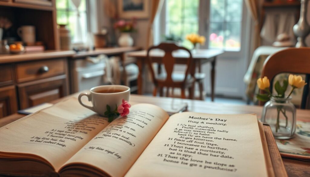 A cozy kitchen scene with a warm, soft lighting. In the foreground, an open book of handwritten mother's day poems, the pages slightly worn and weathered. Beside it, a delicate cup of steaming tea and a small bouquet of spring flowers. In the middle ground, an old wooden table with a cheerful, floral tablecloth. Through a nearby window, a glimpse of a lush garden in the background, hinting at the serene, joyful atmosphere. The overall mood is one of nostalgia, comfort, and heartfelt appreciation for the special bond between a mother and child.