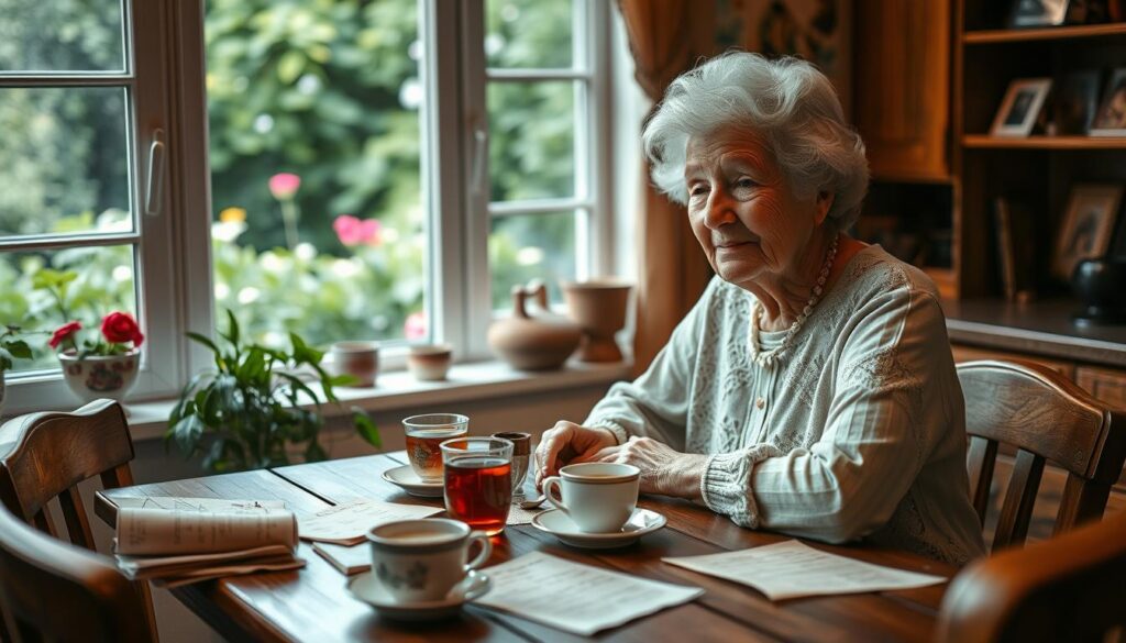 A cozy kitchen scene with an elderly woman sitting at a wooden table, surrounded by handwritten notes, old photographs, and cups of tea. The warm, soft lighting creates a nostalgic, comforting atmosphere, inviting the viewer to feel the love and wisdom emanating from the grandmother. In the background, a window overlooks a lush, verdant garden, symbolizing the nurturing, life-giving nature of grandmotherly care. The overall composition conveys a sense of cherished memories, gentle guidance, and the timeless bond between grandparents and grandchildren.
