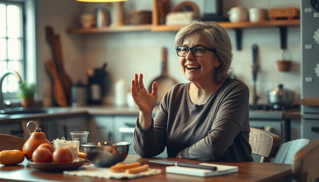 A cozy kitchen setting, with a cheerful mother figure sitting at a quaint wooden table, surrounded by various kitchen utensils and ingredients. She is gesturing animatedly, mid-telling a humorous tale, her face alight with mirth. The lighting is warm and inviting, creating a softly-lit, homely atmosphere. The background is slightly blurred, placing the focus on the engaging storytelling moment. An overall lighthearted and endearing scene, capturing the classic "mom joke" experience.
