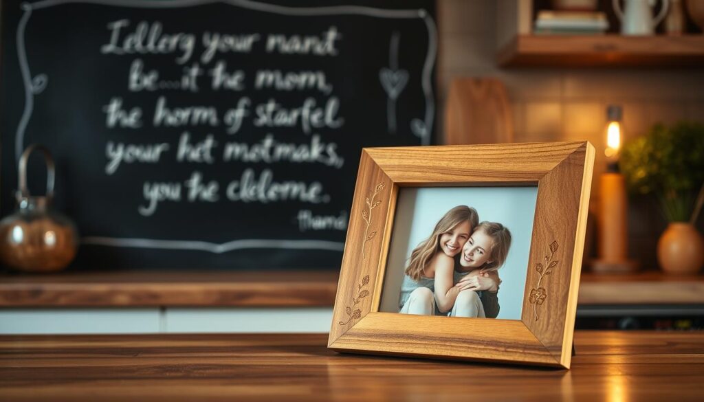 A cozy kitchen setting with a handmade photo frame taking center stage. The frame is crafted from natural wood, its surface adorned with a delicate floral pattern etched into the grain. Resting within the frame is a cherished photograph, capturing a tender moment between a mother and child. Soft, warm lighting bathes the scene, creating a comforting, homely atmosphere. In the background, a chalkboard wall displays a heartfelt, handwritten message - a personalized quote celebrating the bond between a mother and her loved ones. The overall composition exudes a sense of heartfelt sentimentality, inviting the viewer to pause and reflect on the power of handmade, personal gifts.