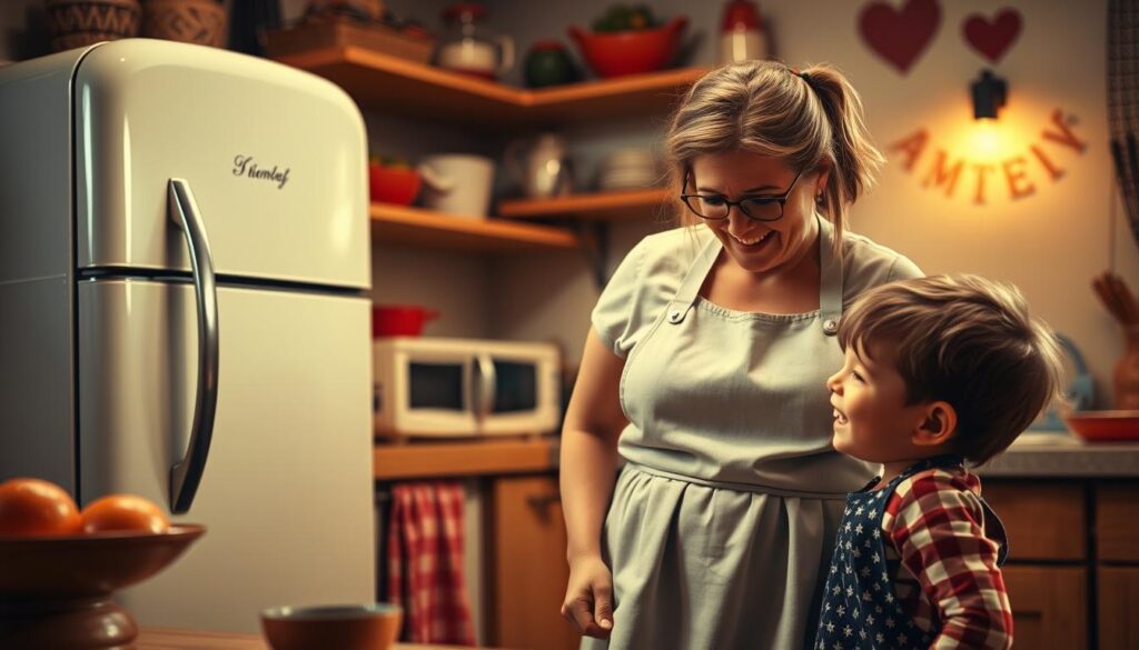 A cozy kitchen setting, with a vintage-style refrigerator, apron-clad mother figure, and a playful child laughing at a silly joke. Soft, warm lighting creates a cheerful, familial atmosphere. The mother's expression is one of amused exasperation, hinting at the classic "mom joke" banter. The child's mischievous grin suggests a shared moment of laughter and bonding. The scene captures the lighthearted spirit of Muttertag, with a timeless, nostalgic feel. Detailed, photorealistic rendering with a slightly muted color palette to evoke an heirloom photograph quality.