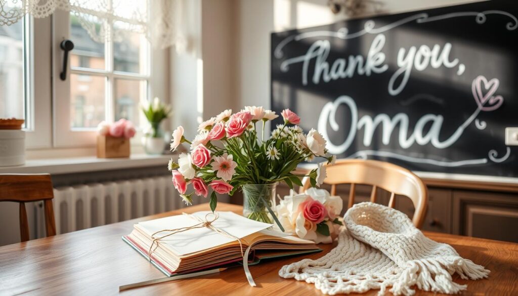 A cozy kitchen table adorned with a delicate bouquet of freshly picked flowers, accompanied by an array of handmade gifts, including a scrapbook filled with heartfelt notes and a hand-knitted scarf in a soft, pastel hue. Sunlight filters in through the lace-curtained windows, casting a warm, inviting glow over the scene. In the background, a chalkboard wall displays a heartfelt message, "Thank you, Oma," written in a whimsical, feminine script. The overall mood is one of love, gratitude, and the cherished traditions of Mother's Day celebrations.