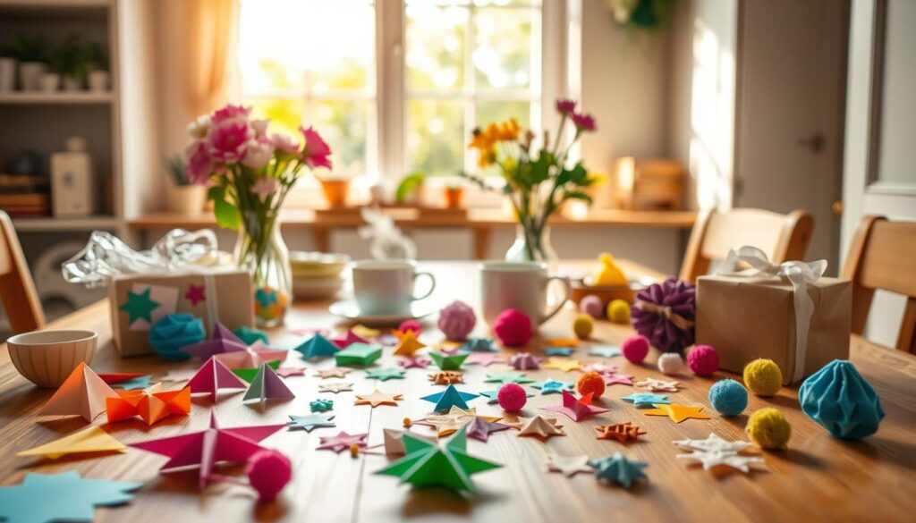 A cozy kitchen table adorned with a variety of handmade gifts. In the foreground, a collection of colorful paper crafts, origami shapes, and pom-pom decorations lie scattered across the wooden surface. In the middle ground, a vase of fresh flowers and a mug of steaming tea add a soothing, homely atmosphere. The background features a warm, inviting window with a view of a sun-dappled garden, casting a soft, natural light across the scene. The overall mood is one of warmth, creativity, and the joy of crafting something meaningful by hand.