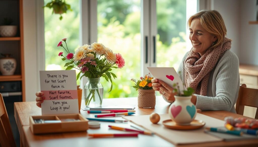 A cozy kitchen table, adorned with homemade gifts and a bouquet of freshly picked flowers. In the foreground, a mother sits, her face glowing with joy as she admires the handcrafted creations of her children - a DIY card with heartfelt sentiments, a knitted scarf in her favorite color, and a small ceramic vase painted with loving brush strokes. The middle ground showcases the creative process, with scattered art supplies and a serene, natural lighting that casts a warm glow. In the background, a window overlooking a lush, verdant garden, inviting a sense of tranquility and connection with nature. The overall scene conveys the cherished bond between a mother and her family, celebrating the thoughtfulness and love expressed through handmade gifts.
