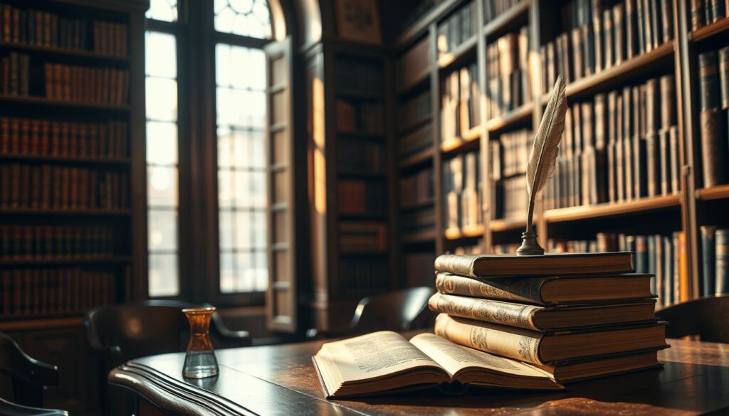 A cozy library setting with antique wooden bookshelves lining the walls, their spines casting warm shadows. In the foreground, an elegant desk with a quill and inkwell, hinting at the art of literary composition. Soft, golden lighting filters through the windows, creating a contemplative atmosphere. On the desk, a stack of weathered books, their covers embossed with intricate patterns - the sources of timeless literary quotes. The overall scene evokes a sense of intellectual and creative inspiration, a perfect backdrop to showcase the profound and poetic words from the world's greatest authors.