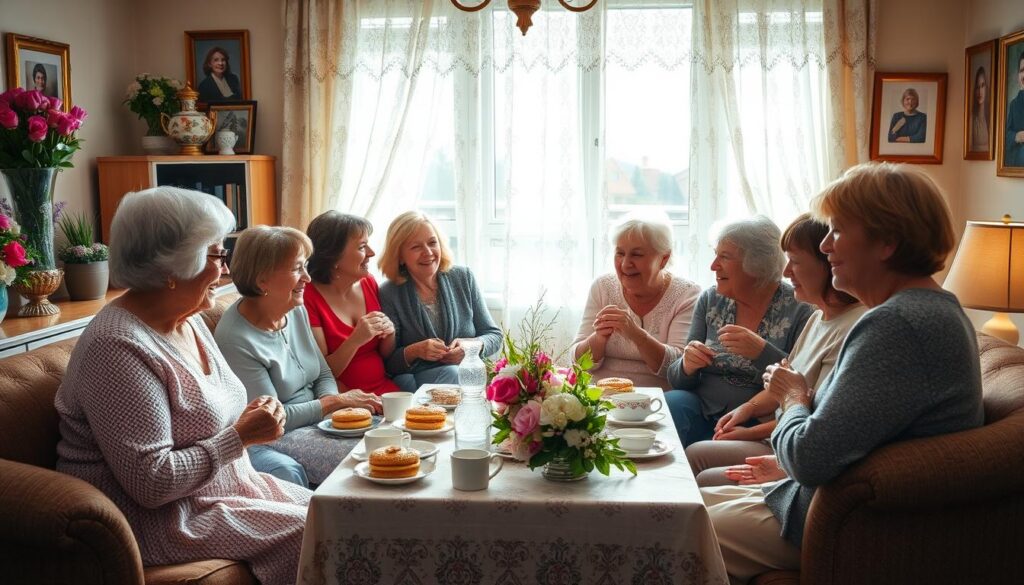 A cozy living room adorned with fresh flowers, ornate vases, and sentimental family photos. In the center, a multi-generational group gathers around a table filled with homemade cakes, steaming cups of tea, and lively conversation. Grandmothers, mothers, and children exchange heartfelt greetings and laughter, their faces aglow with joy and appreciation. The scene is bathed in warm, soft lighting, creating an intimate, inviting atmosphere. Outside, the spring sun filters through lace curtains, adding a sense of tranquility to the celebratory gathering. This is a joyous Muttertagsfeiern, where cherished traditions and familial bonds come alive.