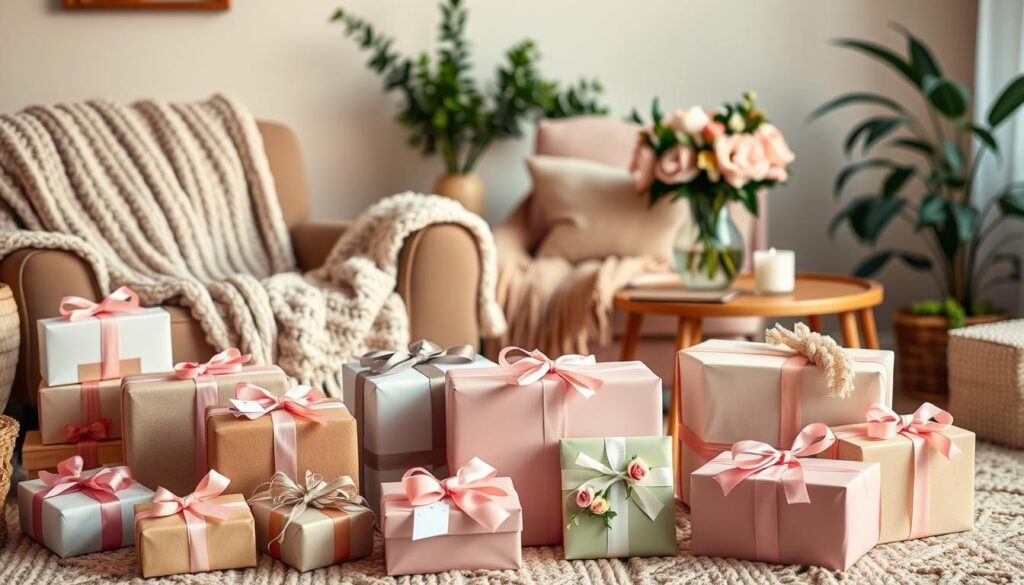 A cozy living room filled with an array of thoughtful Mother's Day gifts. In the foreground, an assortment of beautifully wrapped packages in pastel tones, adorned with bows and delicate floral accents. The middle ground features a comfortable armchair draped with a soft, chunky knit throw, alongside a side table with a vase of fresh blooms. The background showcases a warm, inviting color palette, with hints of natural wood and greenery peeking through. Soft, diffused lighting creates a serene and intimate atmosphere, perfect for capturing the essence of cherished Mother's Day celebrations.