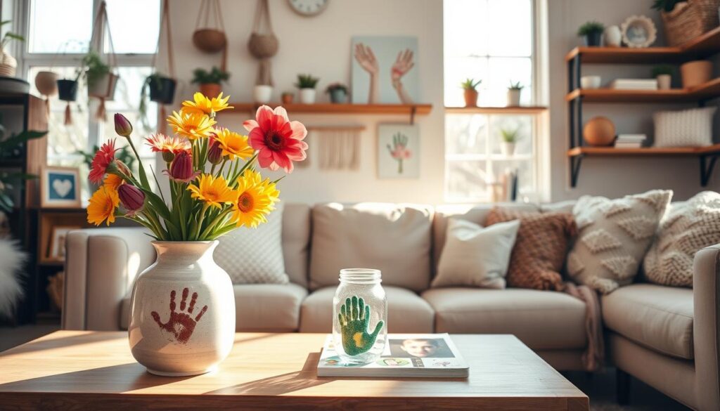 A cozy living room filled with homemade Mother's Day crafts. In the foreground, a handmade ceramic vase with vibrant spring flowers. On the coffee table, a collage of family photos and a glass jar with colorful handprint art. Soft natural lighting streams in through large windows, casting a warm glow across the scene. Shelves on the walls display an array of DIY projects - macrame plant hangers, hand-painted canvases, and knitted throw pillows. The overall atmosphere is one of love, creativity, and heartfelt celebration of motherhood.
