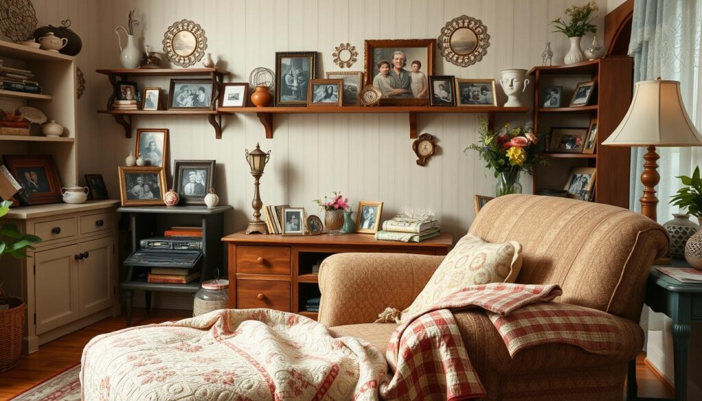 A cozy living room filled with nostalgic keepsakes and cherished family photo albums, the perfect setting to celebrate Oma on Mother's Day. Soft, warm lighting casts a gentle glow, illuminating the delicate lace doilies, tarnished silver frames, and carefully curated mementos that adorn the wooden shelves and side tables. In the foreground, an heirloom quilt lies draped over a worn armchair, inviting guests to sit and immerse themselves in the heartwarming family memories preserved within the photo albums. The overall atmosphere evokes a sense of timelessness, where the past and present seamlessly intertwine, honoring the enduring bond between generations.