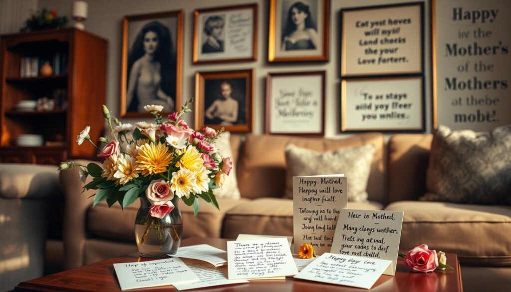 A cozy living room interior with a lush floral arrangement on a wooden side table, bathed in warm, diffused lighting. In the foreground, a collection of handwritten mother's day cards and notes are arranged artfully, their messages conveying heartfelt appreciation and timeless wisdom. The background features an elegant gallery wall displaying vintage-inspired portraits and framed calligraphic quotes about the unconditional love and guidance of mothers. The overall mood is one of intimate, familial contentment, celebrating the profound impact of maternal figures.