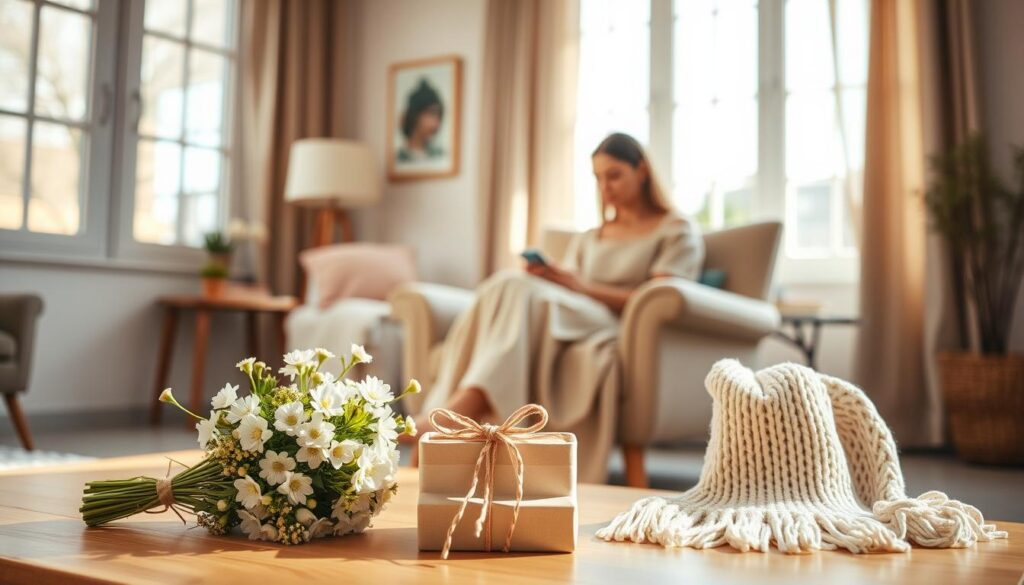 A cozy living room scene, adorned with warm, natural lighting from large windows. In the foreground, a neatly arranged display of thoughtful, handcrafted gifts - a bouquet of freshly picked spring flowers, a delicate ceramic trinket dish, and a softly knitted scarf in pastel hues. The middle ground features a plush armchair where a woman in a flowing dress sits, examining the gifts with a serene, appreciative expression. The background blurs into a tranquil, minimalist setting, emphasizing the intimate, heartfelt atmosphere. The overall tone is one of quiet celebration, reflecting the love and care central to Mother's Day.