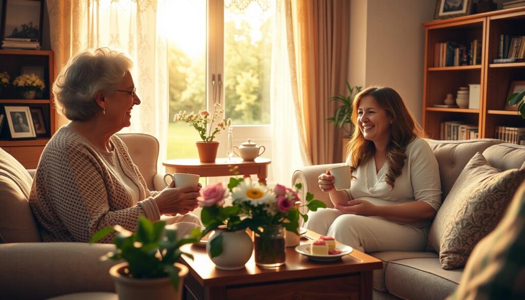 A cozy living room scene, bathed in warm, golden afternoon light filtering through lace curtains. In the foreground, a group of women - a grandmother, mother, and young daughter - gathered around a coffee table, enjoying tea and sweets. They are laughing and sharing stories, their faces radiant with joy and affection. The middle ground features potted plants, a vase of fresh flowers, and family photos on the mantle, creating a sense of cherished tradition and celebration. The background depicts a well-appointed interior with plush furnishings, bookshelves, and a large window overlooking a lush, verdant garden, conveying a peaceful, domestic ambiance. The overall mood is one of familial love, togetherness, and the honoring of maternal bonds on Muttertag.