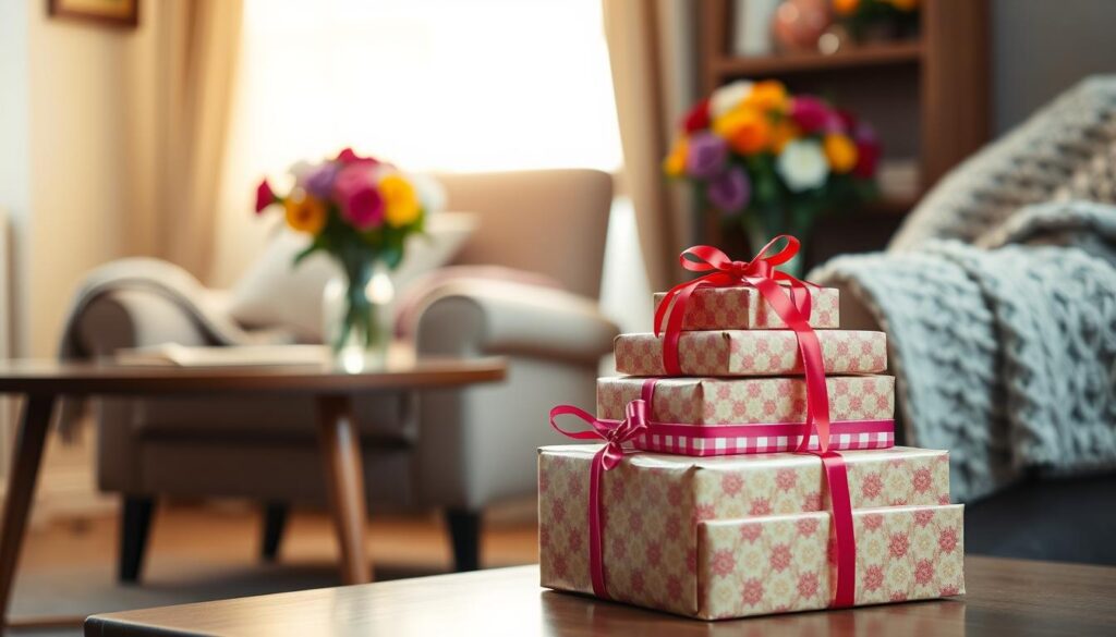 A cozy living room scene with a comfortable armchair, knitted blanket, and a table adorned with a bouquet of colorful flowers. In the foreground, there is a stack of beautifully wrapped gifts in various sizes and shapes, tied with ribbons and bows, ready to be given to a beloved grandmother. The lighting is warm and soft, creating a welcoming and intimate atmosphere. The background is slightly blurred, emphasizing the focus on the thoughtful gift presentation. The overall scene evokes a sense of love, gratitude, and the special bond between a grandchild and their cherished grandmother.
