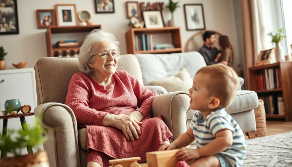 A cozy living room scene with a loving grandmother seated in a comfortable armchair, a warm smile on her face as she gazes out the window. Soft, natural lighting fills the space, illuminating her kind features. In the foreground, a young child sits at her feet, playing with wooden toys and looking up adoringly. The background is filled with family photos, a bookshelf, and other mementos that convey a sense of cherished memories and traditions. The overall mood is one of tranquility, contentment, and the profound bond between grandparent and grandchild.