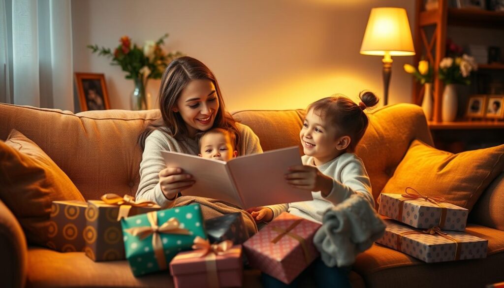 A cozy living room scene with a mother and child sitting on a plush couch, surrounded by thoughtfully wrapped gifts in various shapes and sizes. Warm, soft lighting from a nearby lamp illuminates the joyful moment, casting a golden glow. The mother's face is filled with gratitude as she opens a handmade card, her child's smile radiating pure love. In the background, a vase of fresh flowers and a few family photos add personal touches to the intimate setting. The overall atmosphere conveys a sense of heartfelt appreciation and the special bond between a mother and child.