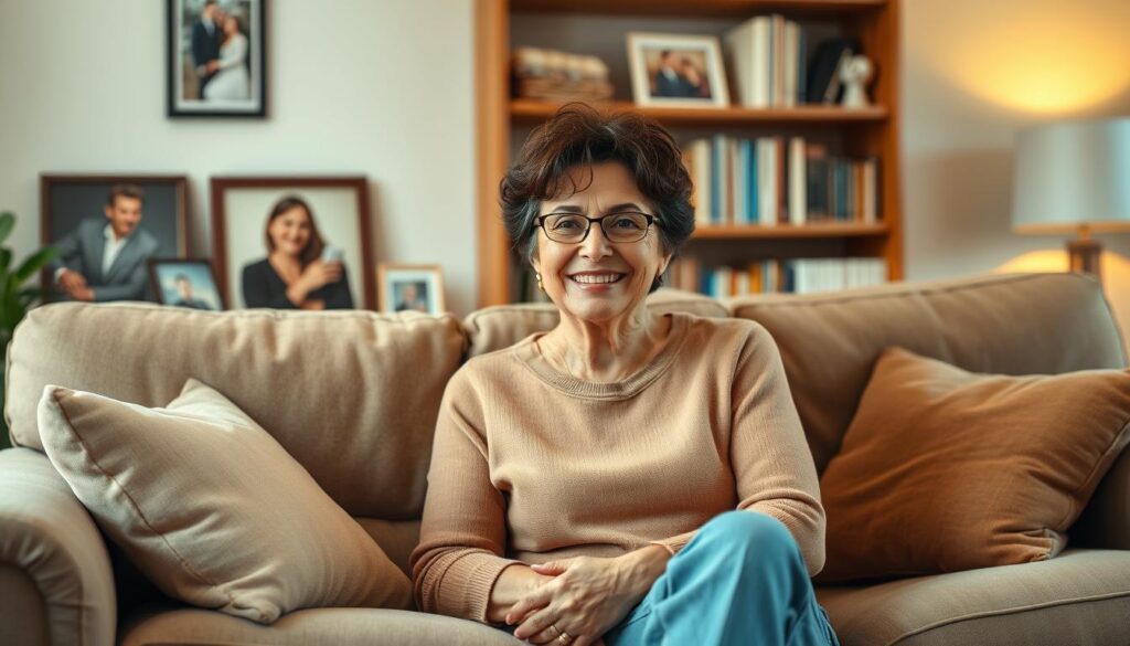 A cozy living room scene with a smiling mother figure sitting on a plush sofa, surrounded by framed family photos and a bookshelf in the background. Soft, warm lighting casts a comforting glow, and a playful, humorous expression on the mother's face hints at the classic 'mom jokes' she might be about to deliver. The overall atmosphere is one of familial warmth, nostalgia, and lighthearted laughter, perfectly capturing the essence of 'klassische Mama-Witze' for a Muttertag celebration.