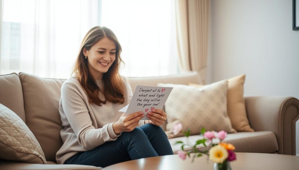 A cozy living room scene with a woman sitting on a plush sofa, holding a handwritten card in her hands. She has a warm, appreciative expression on her face as she reads the heartfelt message. The room is bathed in soft, natural lighting filtering through sheer curtains, creating a comforting ambiance. On the coffee table, there is a small vase of fresh flowers, symbolizing the thoughtfulness and care behind the gesture. The overall mood is one of gratitude, connection, and the profound impact that simple acts of appreciation can have.