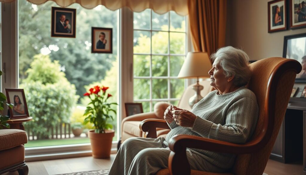 A cozy living room scene, with an elderly woman sitting in a rocking chair, her knitting in hand. Warm lighting casts a comforting glow, highlighting the woman's serene expression as she gazes out a window overlooking a lush garden. Framed family photos adorn the walls, reflecting the cherished bonds of multiple generations. The room exudes a sense of wisdom, tradition, and the unconditional love shared between a grandmother and her loved ones.