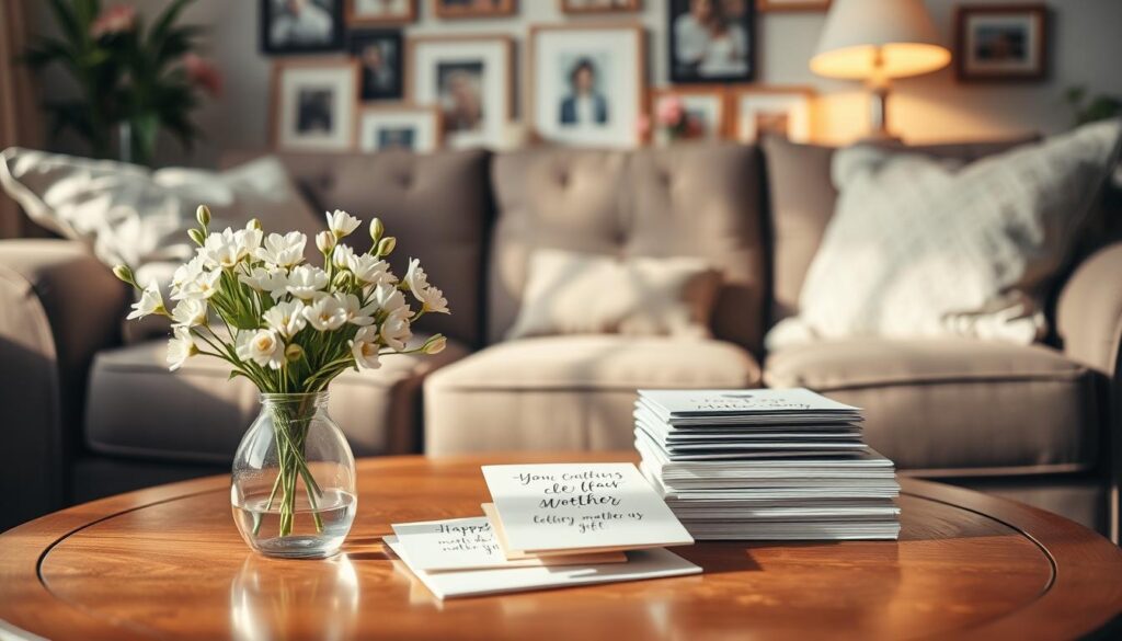 A cozy living room scene with soft, warm lighting illuminating a collection of thoughtful Mother's Day gifts. In the foreground, a bouquet of fresh spring flowers in a delicate vase sits atop a polished wooden end table. On the middle table, a stack of handwritten cards and notes convey heartfelt messages. In the background, framed photographs and sentimental decorations create a comforting, personal atmosphere. The overall mood is one of intimate appreciation, with attention to small, meaningful details that capture the essence of the Mother's Day celebration.
