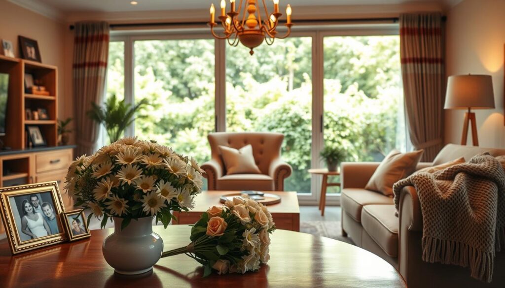 A cozy living room setting, bathed in warm, soft lighting from a chandelier overhead. In the foreground, a bouquet of fresh flowers sits on a polished wooden table, accompanied by framed family photos and a delicate ceramic vase. In the middle ground, a plush armchair and loveseat invite relaxation, with a knitted throw blanket draped over the armrest. The background features a large window overlooking a lush, verdant garden, creating a tranquil, serene atmosphere. The overall scene exudes a sense of celebration and cherished moments, perfect for a section on special occasions for messages to Mom.