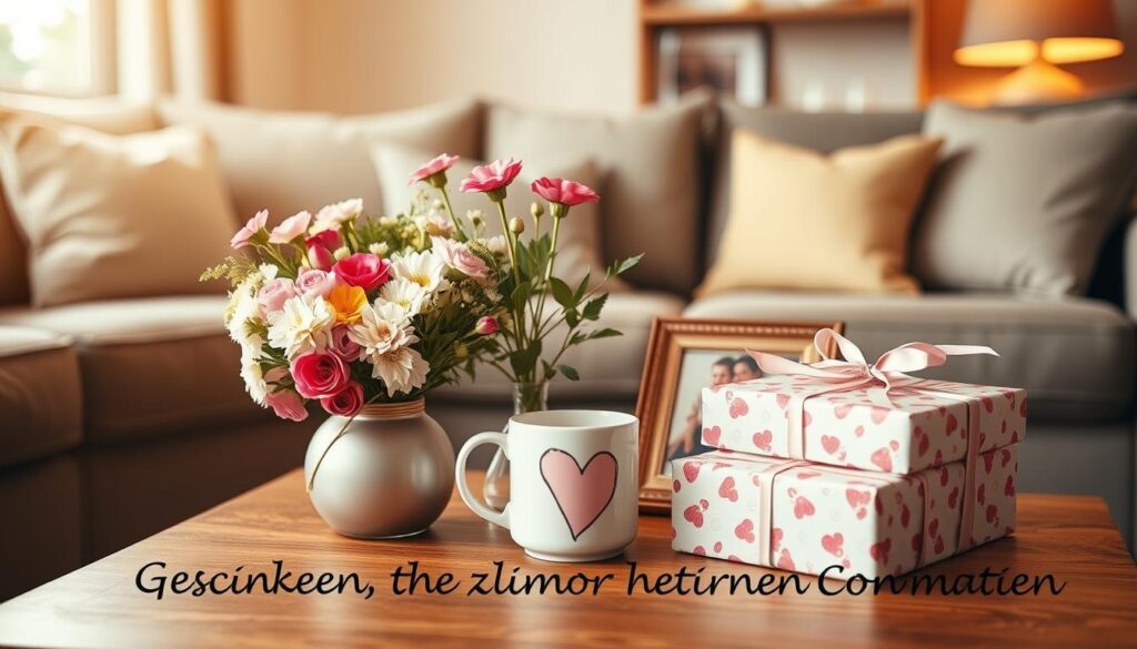 A cozy living room setting, bathed in warm, soft lighting. On a wooden coffee table, an assortment of thoughtful Mother's Day gifts: a bouquet of freshly picked flowers, a handmade ceramic mug, a framed family photograph, and a beautifully wrapped present. The scene exudes a sense of love, gratitude, and personal connection, reflecting the heartfelt messages and cherished moments shared between a mother and her loved ones. The composition is balanced, with the gifts positioned centrally, drawing the viewer's eye and conveying the theme of "Geschenkideen, die von Herzen kommen".