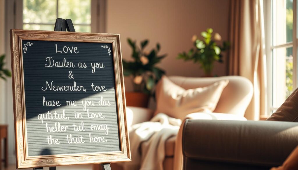 A cozy living room setting, filled with warm lighting and a hint of playful whimsy. In the foreground, a chalkboard-style sign displays an emotionally charged message, its words carefully crafted to strike a balance between heartfelt sentiment and a subtle, humorous twist. The sign's frame is adorned with delicate floral accents, adding a touch of feminine charm. In the middle ground, a plush armchair and cozy throw blanket suggest a relaxed, inviting atmosphere. The background showcases a glimpse of a tranquil garden, hinting at the natural beauty and serenity that surrounds this intimate, domestic scene. The overall composition evokes a sense of comfort, love, and a lighthearted approach to expressing meaningful emotions.