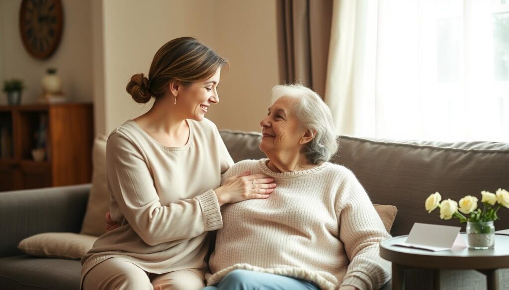 A cozy living room setting, soft natural lighting filters through sheer curtains, illuminating a mother and daughter sharing a tender moment. The daughter gently places her hand atop her mother's, their eyes locked in a heartfelt exchange, conveying unspoken love and appreciation. Delicate flowers and a handwritten note on the side table add touches of thoughtfulness. The room exudes a sense of warmth, intimacy, and the quiet celebration of the small, meaningful gestures that strengthen the bond between them.