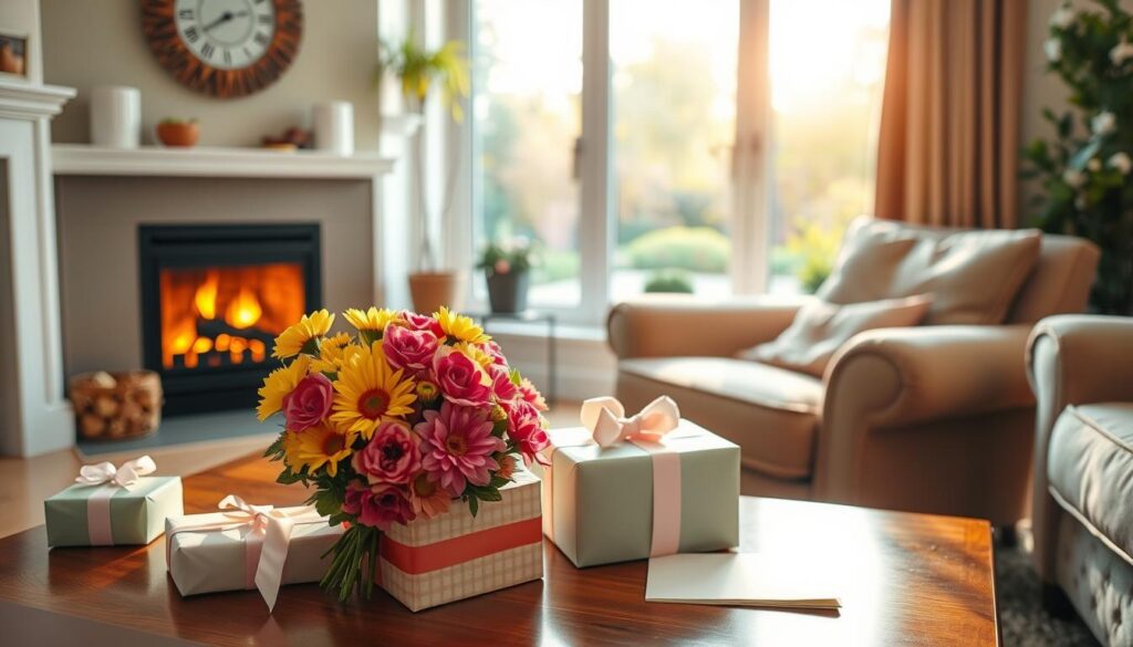 A cozy living room setting, the warm glow of a fireplace illuminating a collection of thoughtful Mother's Day gifts. In the foreground, a bouquet of vibrant flowers rests on a polished wooden coffee table, surrounded by artfully wrapped packages in pastel hues. The middle ground features a plush armchair, where a pair of knitted socks and a handmade card sit, reflecting the care and affection expressed through these heartfelt offerings. In the background, a large window overlooks a tranquil, sun-dappled garden, infusing the scene with a sense of peace and serenity. The overall mood is one of comfort, joy, and the celebration of the special bond between mother and child.