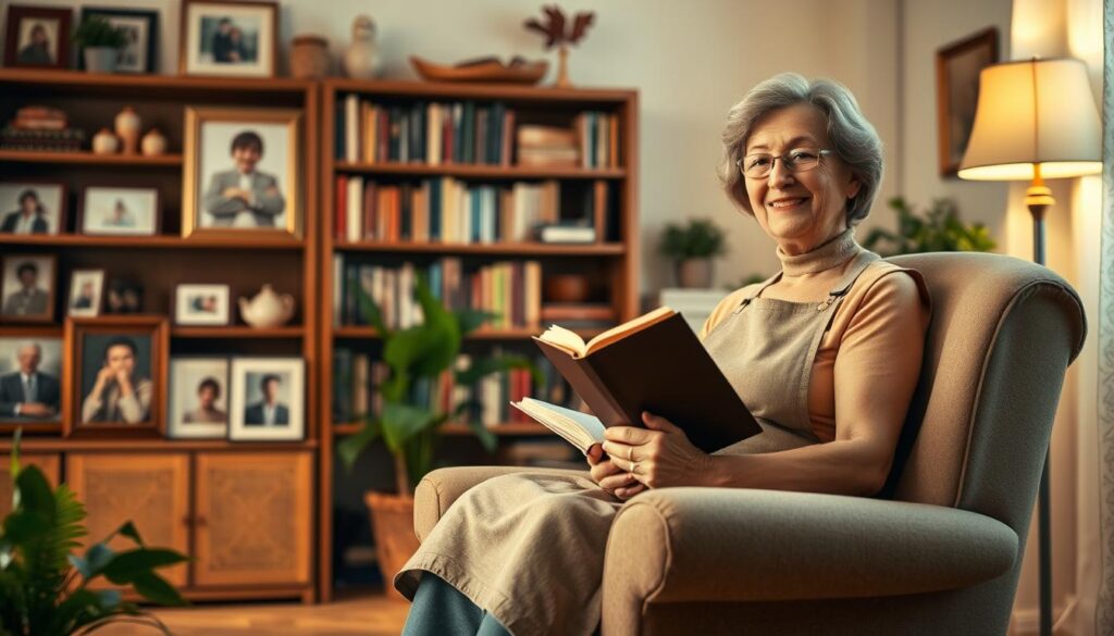 A cozy living room setting, with a comfortable armchair in the foreground. A smiling mother figure, wearing an apron, sits in the chair, holding a book in her lap. Framed family photos adorn the walls, and a potted plant adds a touch of greenery to the scene. Warm, soft lighting illuminates the room, creating a welcoming and nostalgic atmosphere. In the background, a bookshelf filled with classic books and knick-knacks hints at the mother's love of literature and storytelling. The overall mood is one of endearing simplicity, reflecting the cherished bond between a mother and her family.