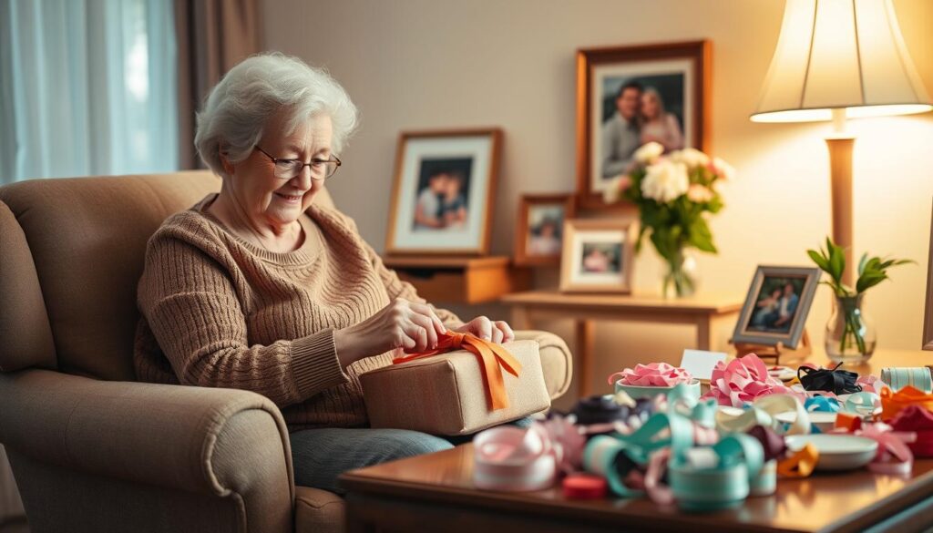 A cozy living room setting with a grandmother sitting in a comfortable armchair, carefully hand-crafting a personalized gift for her grandchild. Warm and soft lighting illuminates the scene, casting a gentle glow on the grandmother's face as she concentrates on her work. An array of craft supplies, ribbons, and fabrics are neatly arranged on a nearby table, reflecting the care and attention she is putting into this special creation. In the background, a framed family photograph and a vase of fresh flowers add a personal touch, conveying the love and sentiment behind the personalized gift.