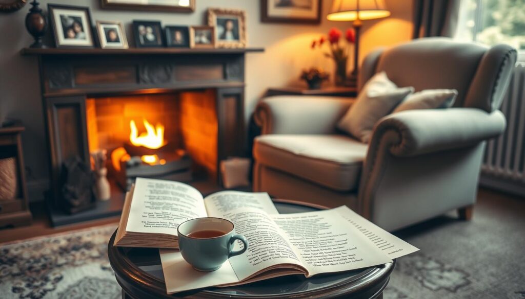 A cozy living room setting, with a large, inviting armchair positioned near a fireplace. The mantelpiece is adorned with framed photographs and handwritten poetry, exuding a warm, intimate atmosphere. Soft, diffused lighting from the fireplace casts a golden glow, creating a nostalgic and sentimental mood. In the foreground, a cup of tea or coffee sits on a small side table, surrounded by scattered pages of handwritten verses and verses playfully illustrated with whimsical doodles. The overall scene conveys a sense of thoughtful reflection and the cherished moments shared between a mother and her loved ones.