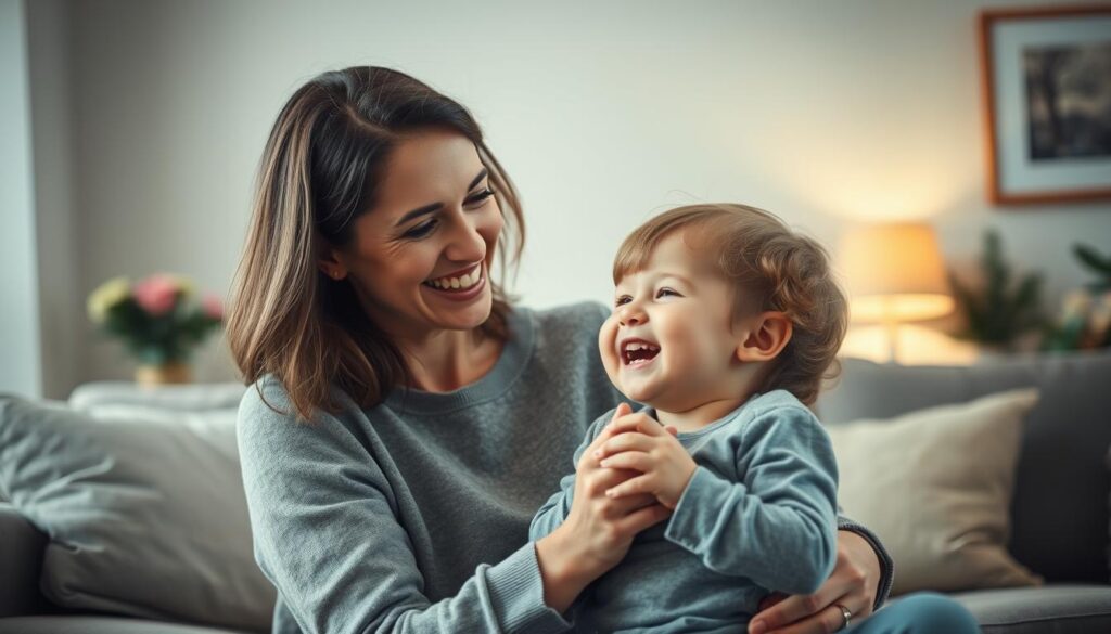 A cozy living room setting, with a mother and child sharing a lighthearted moment. The mother's face is alight with a warm, affectionate smile as she playfully teases her child, eliciting giggles. Soft, diffused lighting casts a gentle glow, creating an intimate, inviting atmosphere. The background is blurred, allowing the focus to remain on the heartwarming interaction. Hints of decorative elements, such as a vase of flowers or a framed artwork, add to the sense of a welcoming, lived-in space. The overall mood is one of genuine, joyful connection, capturing the importance of humor and levity on a day meant to celebrate the bond between mothers and their children.
