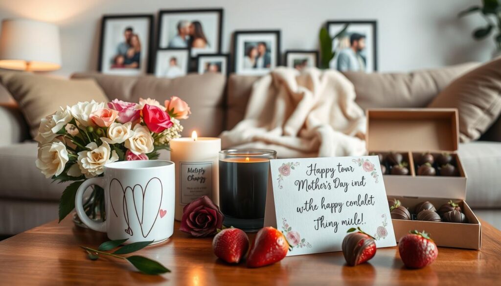A cozy living room setting, with a variety of thoughtful mother's day gift ideas artfully arranged on a wooden table. In the foreground, a bouquet of fresh flowers, a personalized mug, and a handmade card with a heartfelt message. In the middle ground, a scented candle, a soft throw blanket, and a box of chocolate-covered strawberries. In the background, framed family photos and a potted plant adding to the warm, inviting atmosphere. The lighting is soft and diffused, creating a serene, intimate mood. The overall composition evokes a sense of appreciation and love for the special mother figure in one's life.