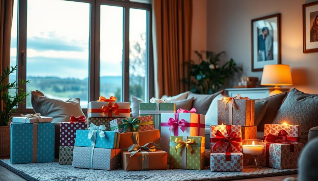 A cozy living room setting, with a variety of thoughtfully-arranged gifts of different sizes and shapes, representing various budgets. Soft, warm lighting casts a gentle glow, creating an inviting and celebratory atmosphere. The gifts are beautifully wrapped in an array of colorful papers, ribbons, and bows, showcasing the care and attention put into their presentation. In the background, a large window overlooks a picturesque outdoor scene, adding depth and a sense of tranquility to the composition. The overall scene exudes a heartfelt, homely vibe, perfect for capturing the spirit of Mother's Day and the joy of giving gifts tailored to different budgets.