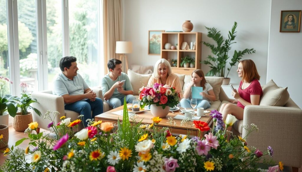 A cozy living room setting with a warm, inviting atmosphere. In the foreground, a family gathers around a coffee table, sharing a celebratory Mother's Day brunch. A beautifully decorated floral centerpiece and handmade cards adorn the table, while the mother figure sits at the head, surrounded by her loved ones. In the middle ground, a mix of fresh flowers and greenery fill the space, lending a vibrant and lively feel. The background showcases a large window overlooking a tranquil garden, with soft natural lighting filtering in and creating a serene, peaceful ambiance. The overall scene captures the essence of a meaningful, family-oriented Mother's Day celebration.