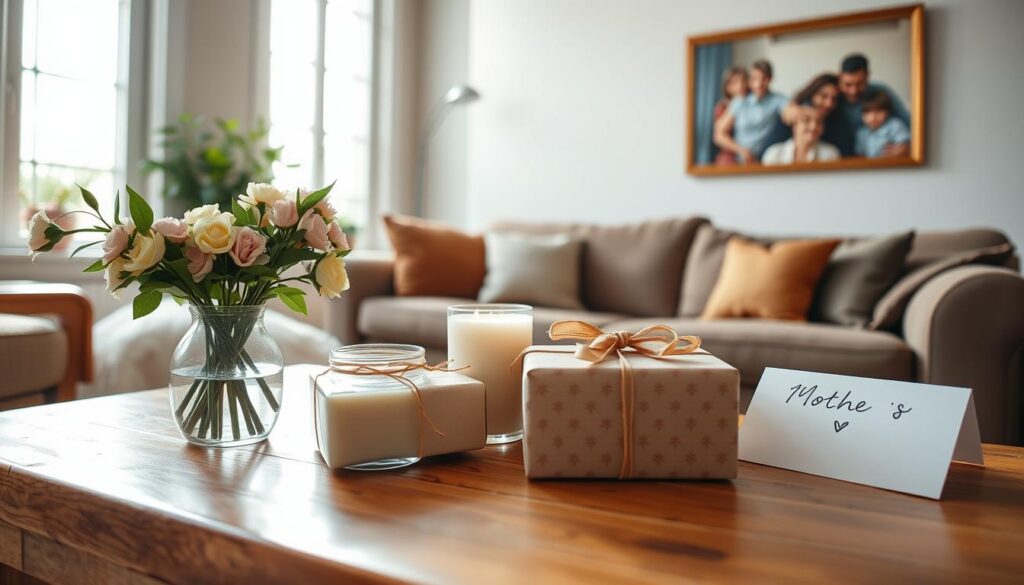 A cozy living room setting, with sunlight streaming through large windows. On a wooden coffee table, an assortment of thoughtful gifts for mothers: a bouquet of fresh flowers, a scented candle, a beautifully-wrapped present, and a handmade card. The room is decorated with warm, earthy tones, creating a inviting and comforting atmosphere. In the background, a framed family photograph hangs on the wall, adding a personal touch. The image conveys the sentiment of appreciating and celebrating mothers with meaningful, heartfelt gifts.