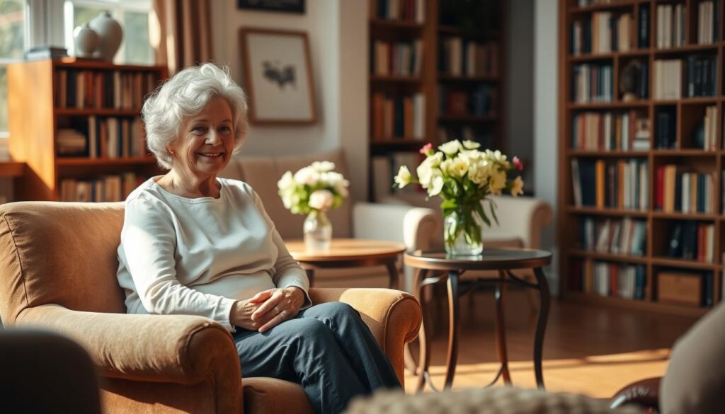 A cozy living room with a warm, inviting atmosphere. In the foreground, a mother figure sits comfortably on a plush armchair, her hands folded in her lap, a gentle smile on her face. The middle ground features a small side table with a vase of fresh flowers, casting a soft, natural light throughout the scene. In the background, bookshelves line the walls, suggesting a well-read, intellectual environment. The overall mood is one of calm, nurturing, and a touch of whimsical humor, perfectly capturing the essence of "Mama-Witze für den Muttertag."
