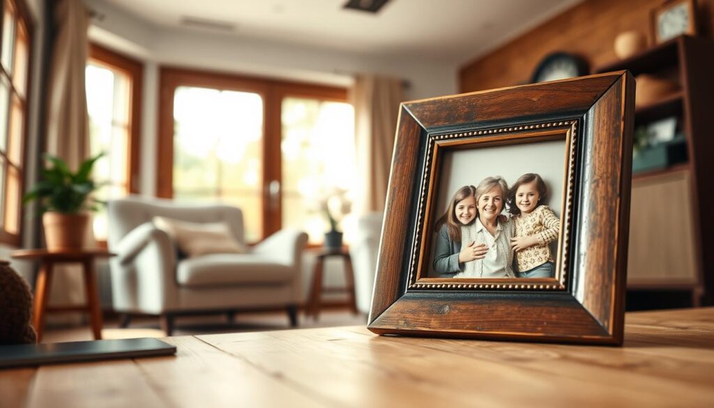 A cozy living room with a warm, inviting atmosphere. In the foreground, a vintage wooden picture frame holds a treasured family photograph, capturing a moment of pure joy and connection. The midground features a soft, plush armchair and a side table with a potted plant, creating a sense of comfort and relaxation. In the background, a large window lets in natural light, illuminating the room and casting a gentle glow on the scene. The overall mood is one of cherished memories, nostalgia, and the simple pleasures of life. A tranquil, emotive composition that evokes the essence of "Erinnerungen festhalten".