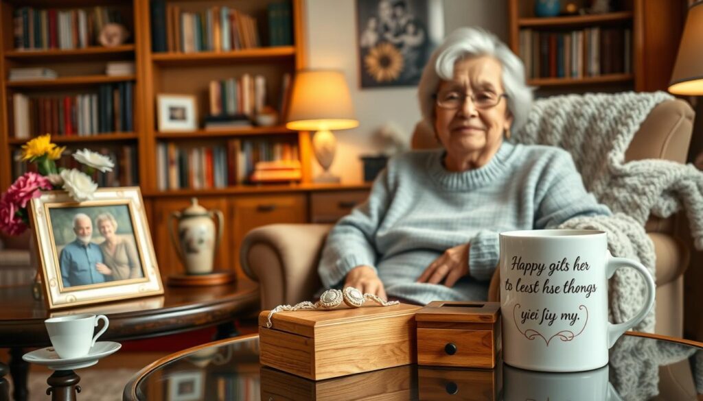 A cozy living room with an elderly woman sitting in a comfortable armchair, surrounded by personalized gifts for her. In the foreground, a handmade knitted blanket and a framed family photo. On the side table, a vintage teacup and saucer, and a vase of freshly cut flowers. The middle ground features a handcrafted wooden jewelry box and a custom-made mug with a heartfelt message. In the background, bookshelves filled with cherished memories and a warm, soft lighting creating a inviting, nostalgic atmosphere.