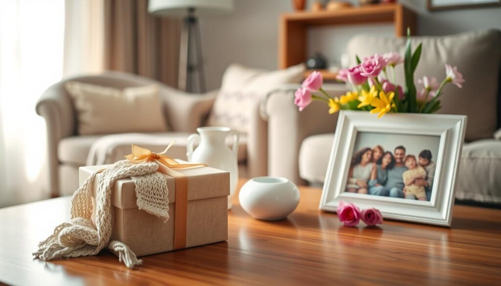 A cozy living room with soft lighting and warm, inviting colors. In the foreground, a beautifully wrapped gift box adorned with a delicate ribbon sits on a polished wooden table. Surrounding it are a selection of thoughtful Mother's Day gifts - a hand-knitted scarf, a delicate porcelain vase, and a framed photograph of a family gathering. In the background, a cozy armchair and a vibrant bouquet of spring flowers add to the serene and comforting atmosphere. The overall scene conveys a sense of love, appreciation, and the heartfelt celebration of a special occasion.