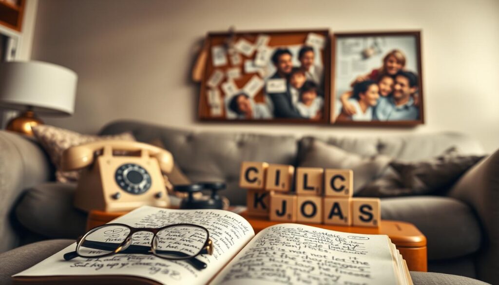 A cozy living room with soft, warm lighting, showcasing a collection of classic comedy objects. In the foreground, an open book with handwritten notes and a pair of reading glasses, hinting at the humorous insights within. The middle ground features a vintage rotary phone, a set of wooden blocks spelling out "Classic Jokes", and a framed photograph of a laughing family. The background subtly depicts a wall-mounted cork board with random doodles and newspaper clippings, creating an atmosphere of nostalgic charm. The overall scene evokes a sense of lighthearted, timeless humor perfect for a Mother's Day celebration.