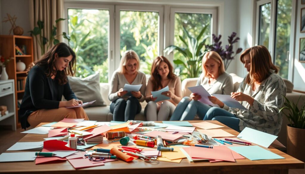 A cozy, modern living room filled with natural light and a variety of creative DIY Mother's Day card projects. In the foreground, an array of colorful paper, glue, scissors, and other crafting supplies neatly arranged on a wooden table. In the middle ground, a group of women of diverse ages and styles sit together, immersed in the process of designing and making personalized cards. Behind them, a large window overlooks a lush, verdant garden, creating a serene and inspiring backdrop. The atmosphere is warm, inviting, and bursting with a sense of maternal love and artistic expression.