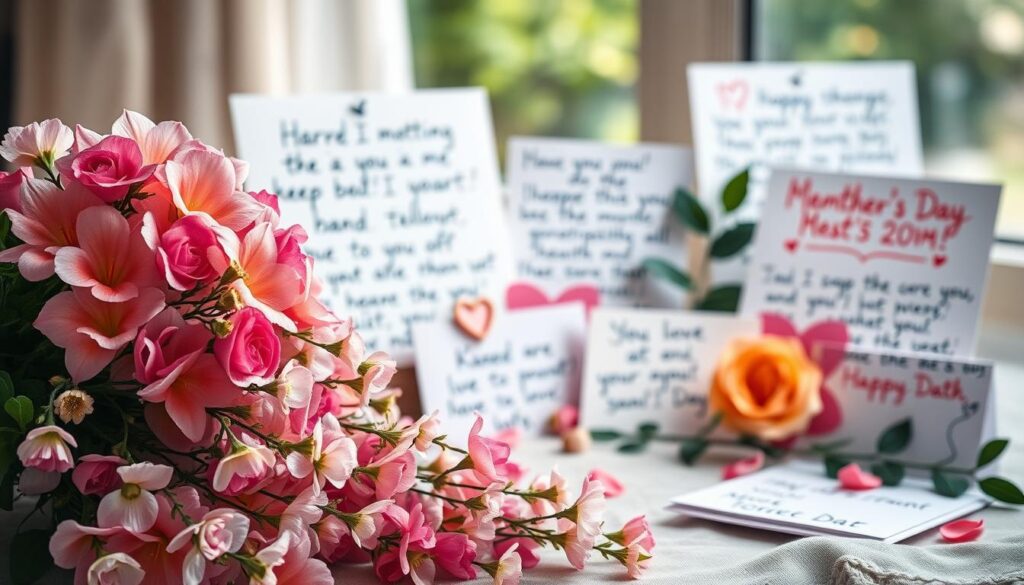 A cozy mother's day celebration filled with a range of creative ways to share heartfelt messages. In the foreground, a delicate floral arrangement cascades gracefully, its vibrant colors and soft petals evoking a sense of warmth and affection. In the middle ground, handwritten notes and greeting cards are artfully displayed, their personal messages conveying deep appreciation and love. The background sets a serene, natural tone with soft, diffused lighting highlighting the tranquil atmosphere. The overall composition exudes a sense of thoughtfulness, intimacy, and the spirit of honoring the special bond between a mother and child.