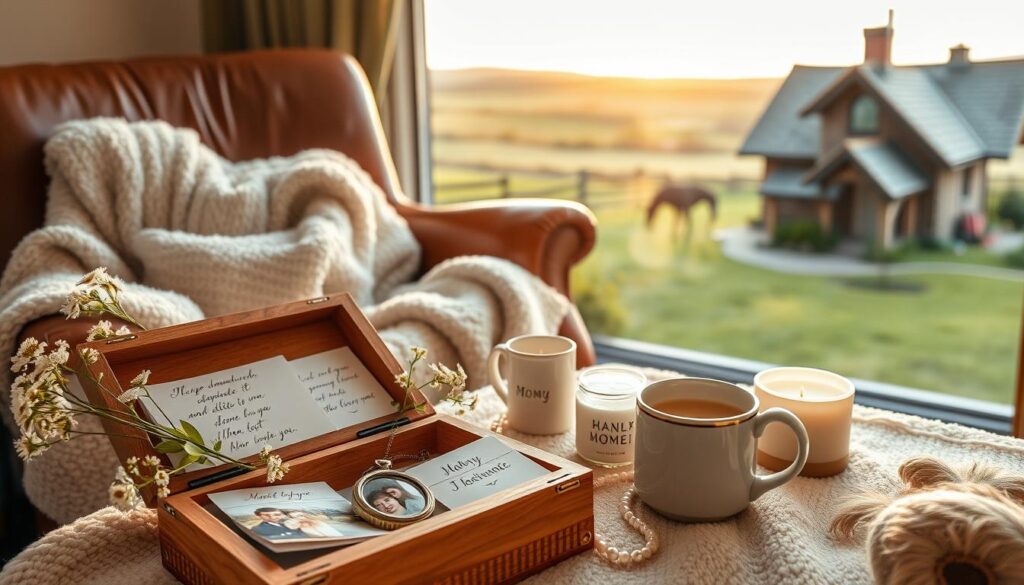 A cozy nook with a soft leather armchair, a plush fleece blanket, and a steaming mug of chamomile tea. In the foreground, a handcrafted wooden box filled with delicate handwritten notes, a locket with a family photo, and a bouquet of freshly picked wildflowers. The middle ground features a harmonious arrangement of sentimental trinkets - a pearl necklace, a personalized mug, and a homemade scented candle. The background showcases a serene countryside scene with rolling hills and a quaint cottage, bathed in warm, golden-hour lighting. This inviting and heartfelt tableau evokes a sense of comfort, love, and appreciation for the special woman in one's life.