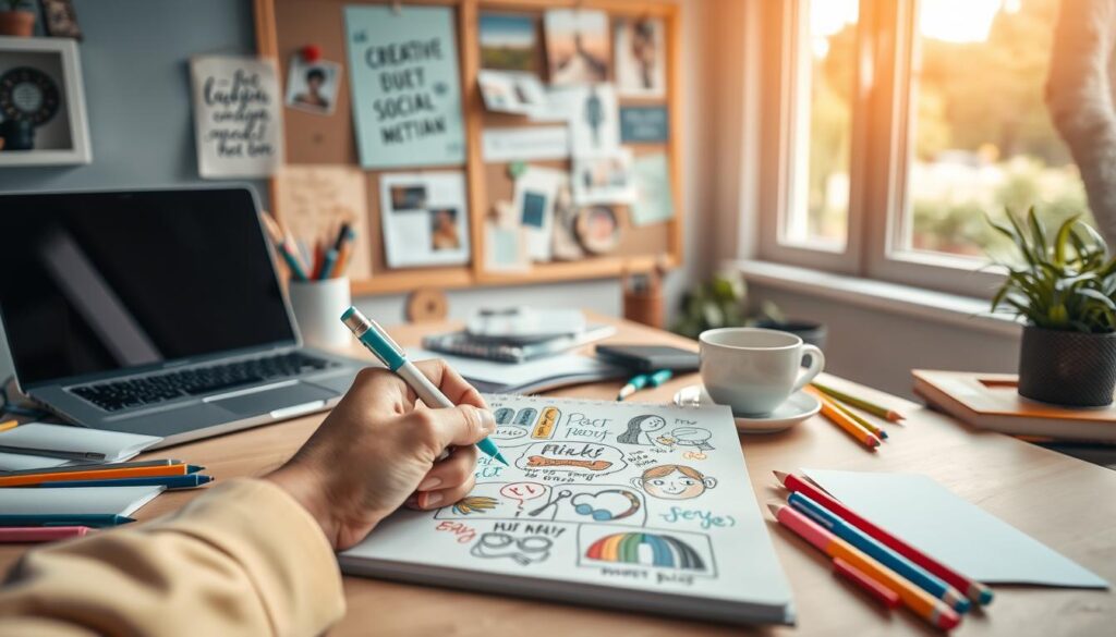 A cozy, pastel-colored workspace with a laptop, a cup of coffee, and various stationery supplies scattered across a wooden desk. In the foreground, a hand sketches out colorful social media post ideas on a sketchpad, with vibrant markers and colored pencils. The middle ground features a bulletin board with inspirational quotes and images pinned up, casting a warm, inviting glow. In the background, a softly blurred window overlooks a picturesque garden, adding a serene, natural element to the scene. The overall atmosphere is one of creativity, productivity, and a touch of whimsy, perfectly capturing the essence of "Kreative Ideen für soziale Medien".