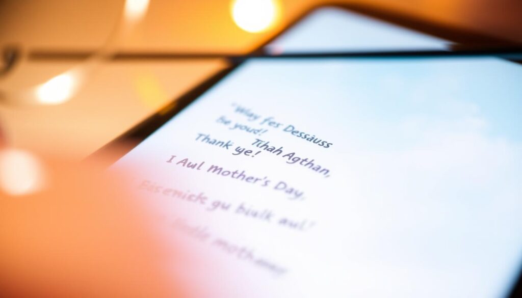 A cozy, pastel-hued WhatsApp messaging interface on a smartphone screen, showcasing a series of short, heartfelt messages for Mother's Day. The foreground features the chat window with a soft, blurred background, conveying a sense of intimacy and personal connection. The messages should express gratitude, appreciation, and affection, using a natural, handwritten-style font. Subtle lighting from the device illuminates the screen, creating a warm, inviting atmosphere. The overall composition should evoke a thoughtful, sentimental mood, perfectly suited for the article's "Sprüche für WhatsApp: Kurze Botschaften für den Muttertag" section.