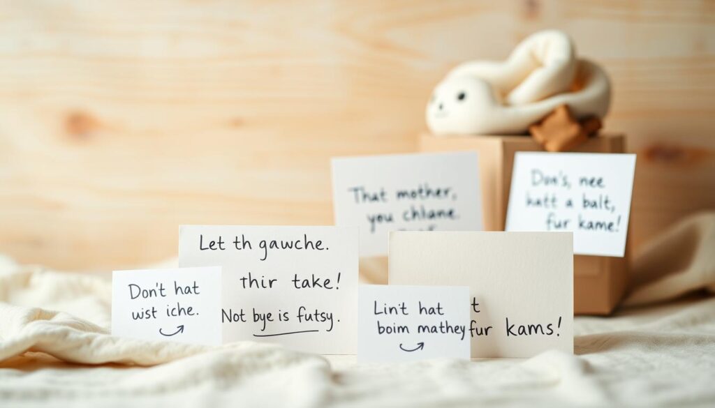 A cozy, playful scene depicting a collection of handwritten, humorous motherhood quotes against a warm, textured backdrop. The quotes are casually arranged in the foreground, with a soft, blurred background featuring a pastel color palette and subtle, natural textures like wood or fabric. The overall mood is lighthearted and relatable, reflecting the spirit of the "witzige Sprüche für Mamas" theme. The composition is balanced and visually interesting, drawing the viewer's eye to the witty, heartfelt phrases. The lighting is soft and diffused, creating a welcoming, intimate atmosphere.