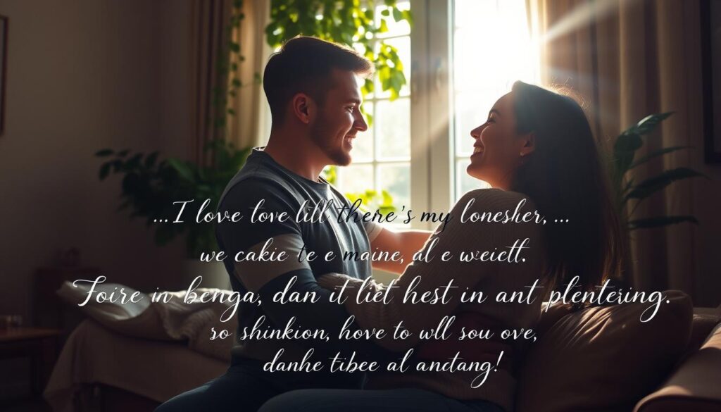 A cozy, romantic scene with a loving couple embracing in a warm, soft-lit living room. Sunlight streams through lush, verdant foliage framing the window, casting a serene, natural ambiance. The pair, dressed in casual, comfortable attire, are gazing into each other's eyes, their expressions radiating affection and contentment. Subtle, elegant text in a calligraphic style flows across the frame, highlighting heartfelt sentiments that speak to the strength and fortitude of their relationship. The overall composition evokes a sense of tranquility, intimacy, and the profound connection between partners.